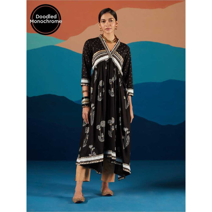 Likha Black Monochrome Floral Printed Flared Kurta