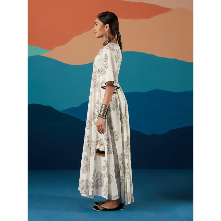 Likha White Monochrome Floral Printed Angrakha Maxi Dress