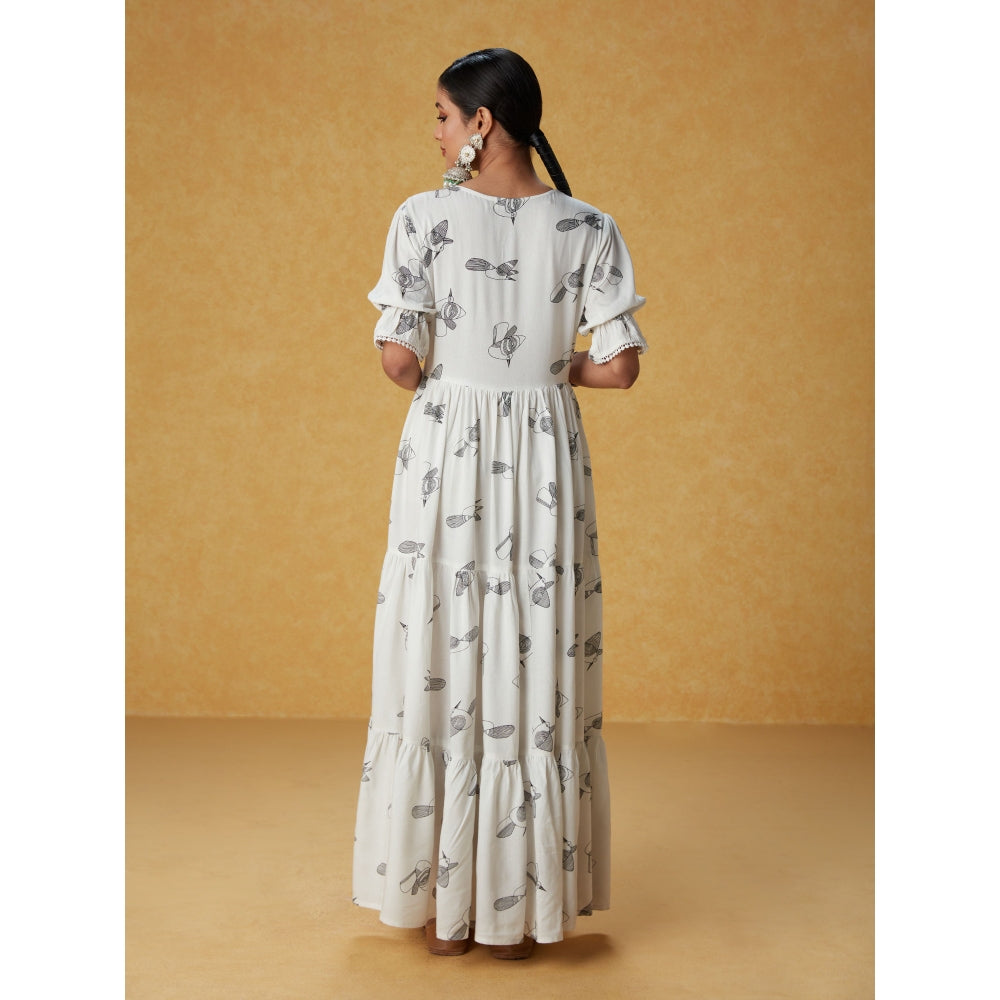 Likha White Monochrome Bird Printed Tiered Maxi Dress