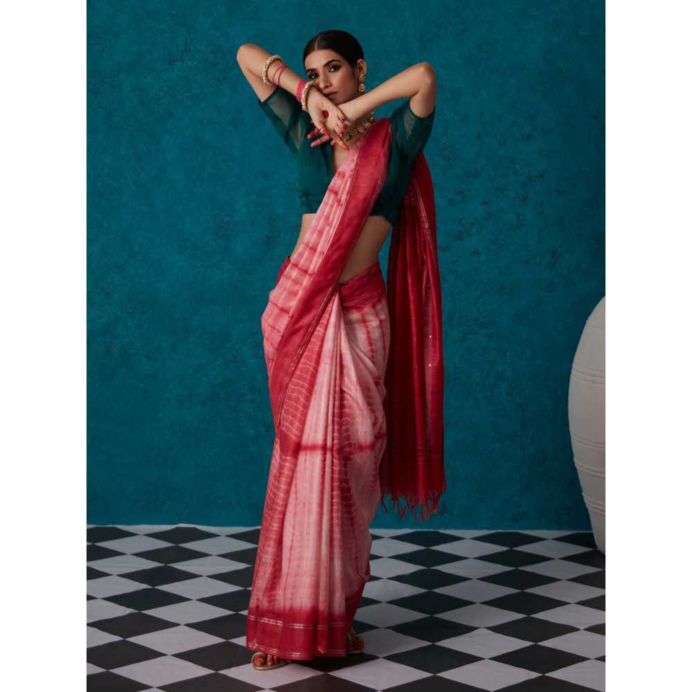 Likha Pink Linen Tie & Dye Bhagalpuri Festive Zari Saree & Unstitched Blouse