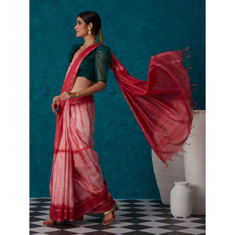 Likha Pink Linen Tie & Dye Bhagalpuri Festive Zari Saree & Unstitched Blouse