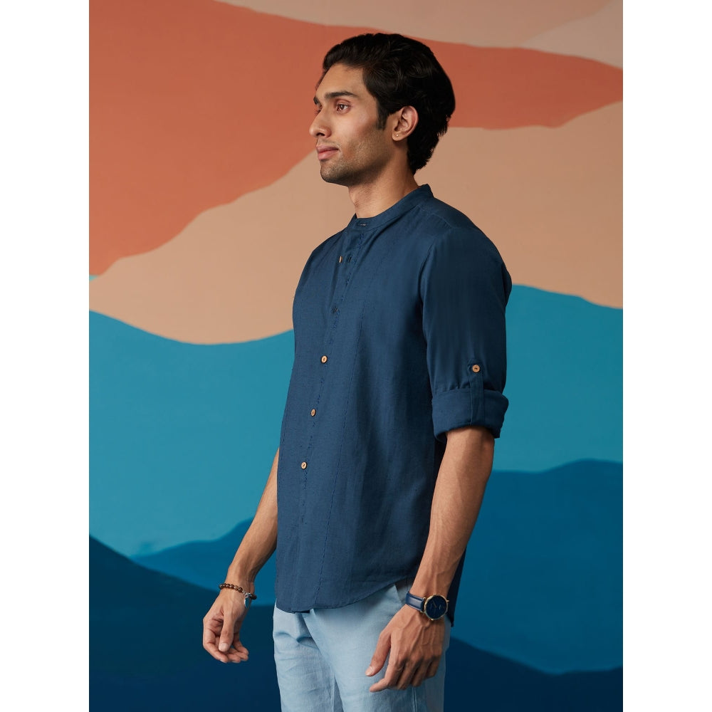 Likha Indigo Saga Cotton Flex Navy Blue Solid Full Sleeves Shirt