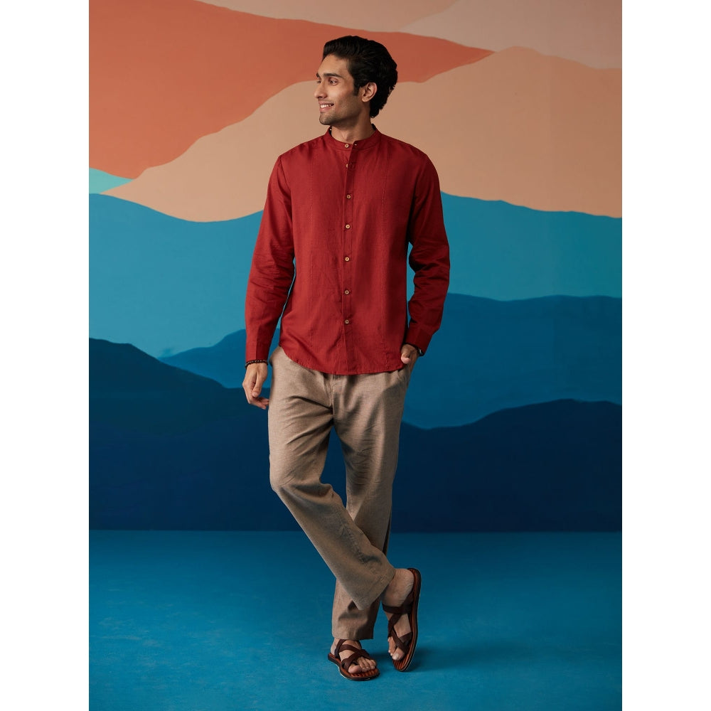 Likha Indigo Saga Cotton Flex Maroon Solid Full Sleeves Shirt