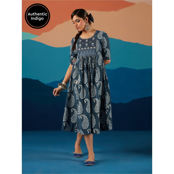 Likha Blue Indigo Saga Hand block print & Mirror work  Dress