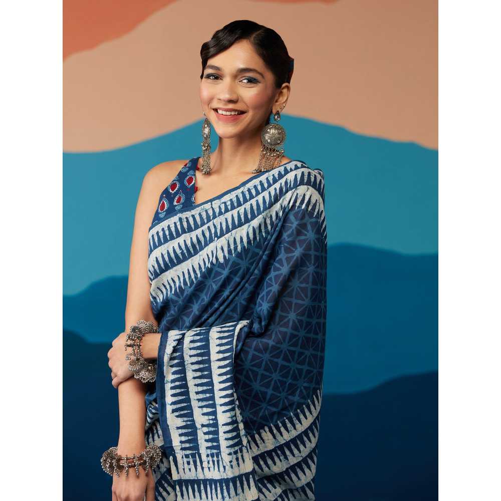 Likha Indigo Saga Blue Cotton Hand block Print Bagru Saree with Unstitched Blouse