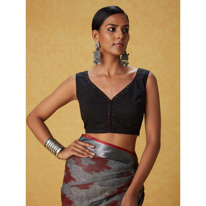 Likha Black Solid Sleeveless Blouse with Hand Embroidery