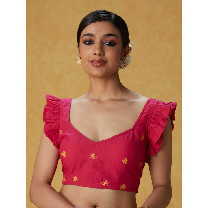 Likha Pink Solid Plain Ruffled Sleeves Blouse with Embroidery
