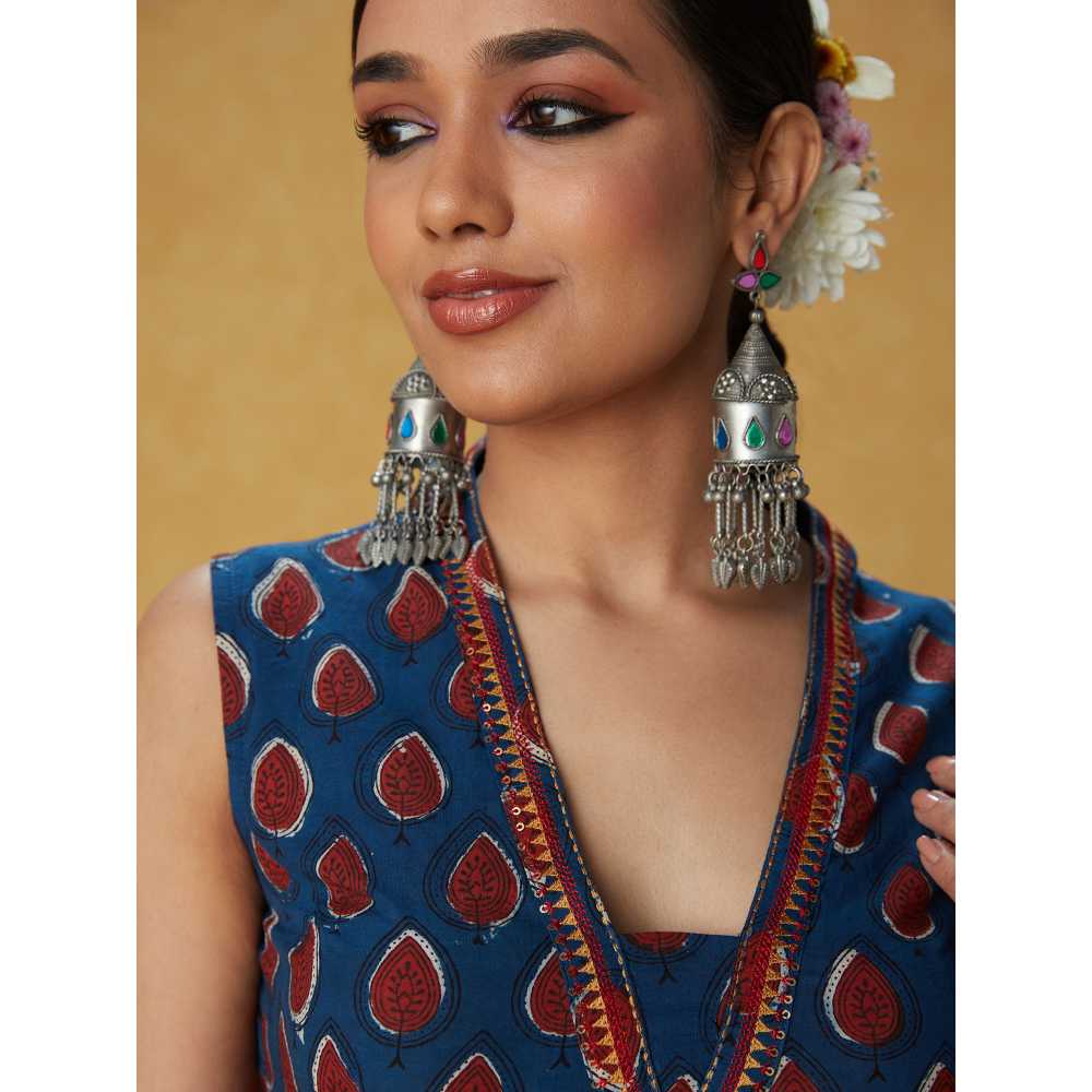 Likha Authentic Indigo Printed Sleeveless Blouse with Embroidery