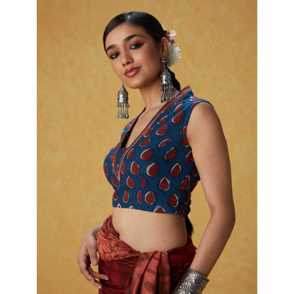 Likha Authentic Indigo Printed Sleeveless Blouse with Embroidery