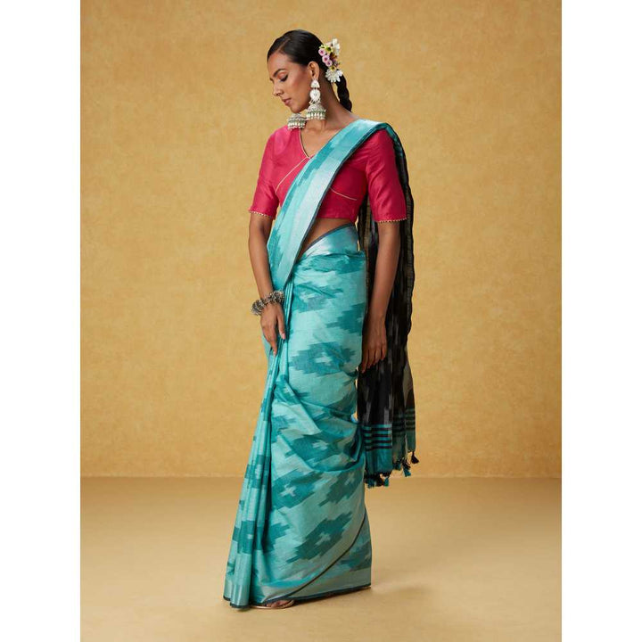 Likha Turquoise Cotton Ikat Saree with Unstitched Blouse