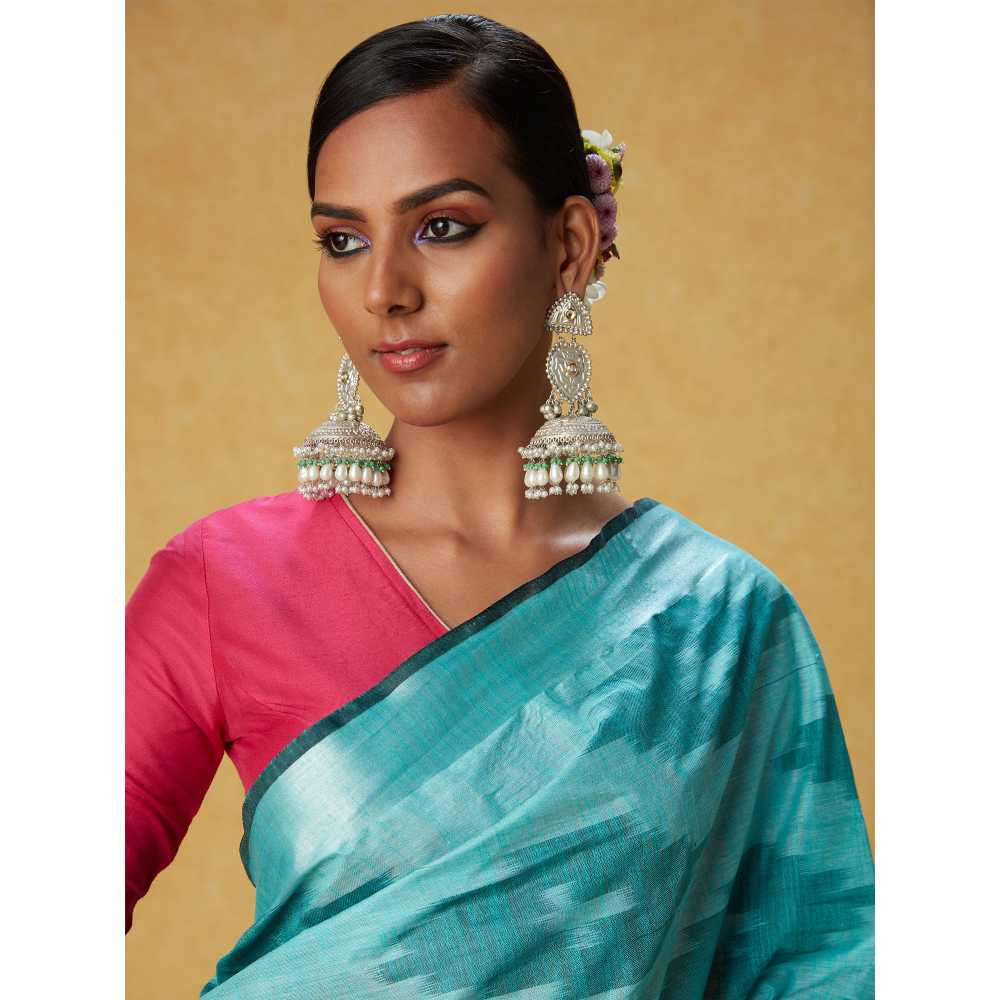 Likha Turquoise Cotton Ikat Saree with Unstitched Blouse