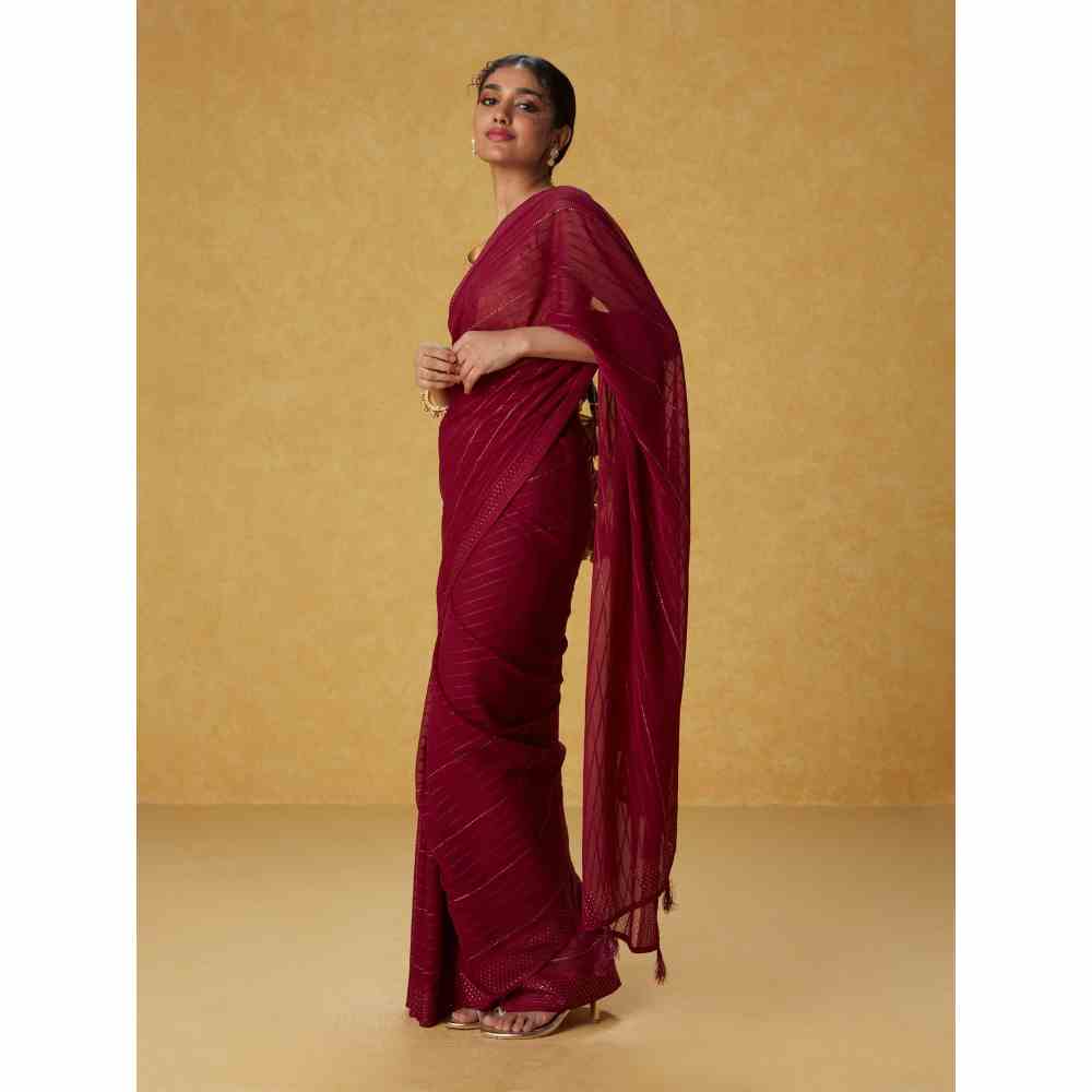 Likha Wine Georgette Embellished Saree with Unstitched Blouse