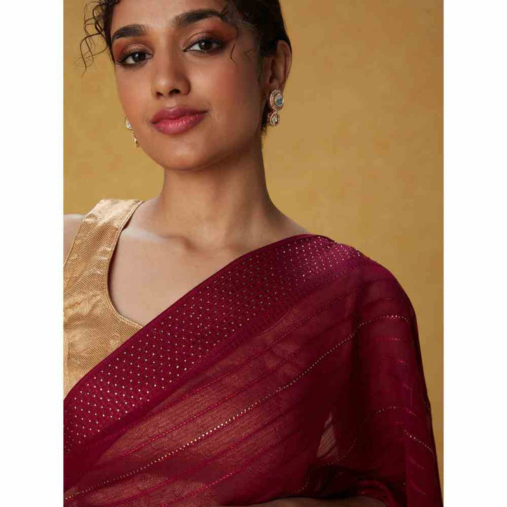 Likha Wine Georgette Embellished Saree with Unstitched Blouse