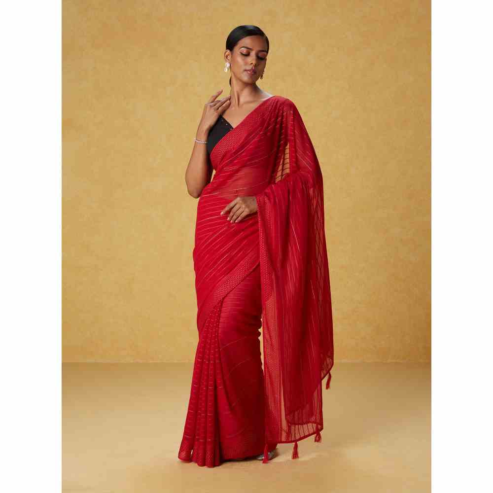 Likha Red Georgette Embellished Saree with Unstitched Blouse