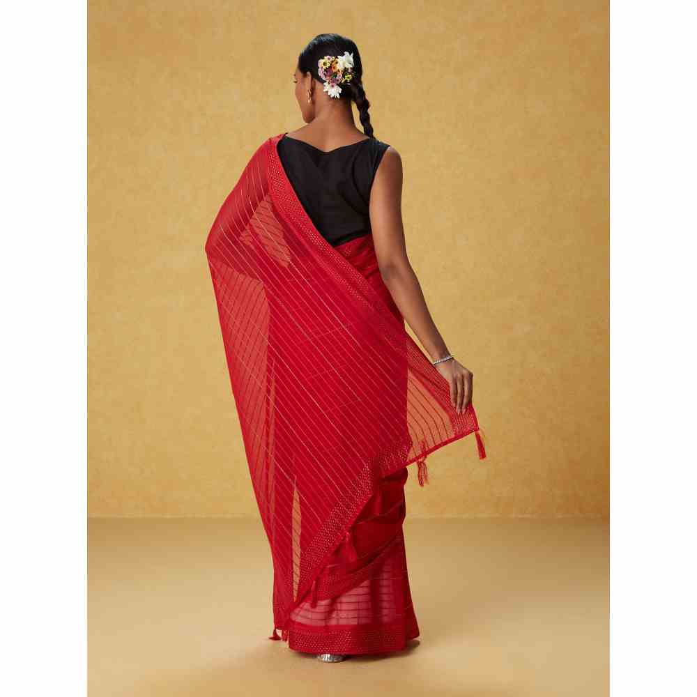 Likha Red Georgette Embellished Saree with Unstitched Blouse