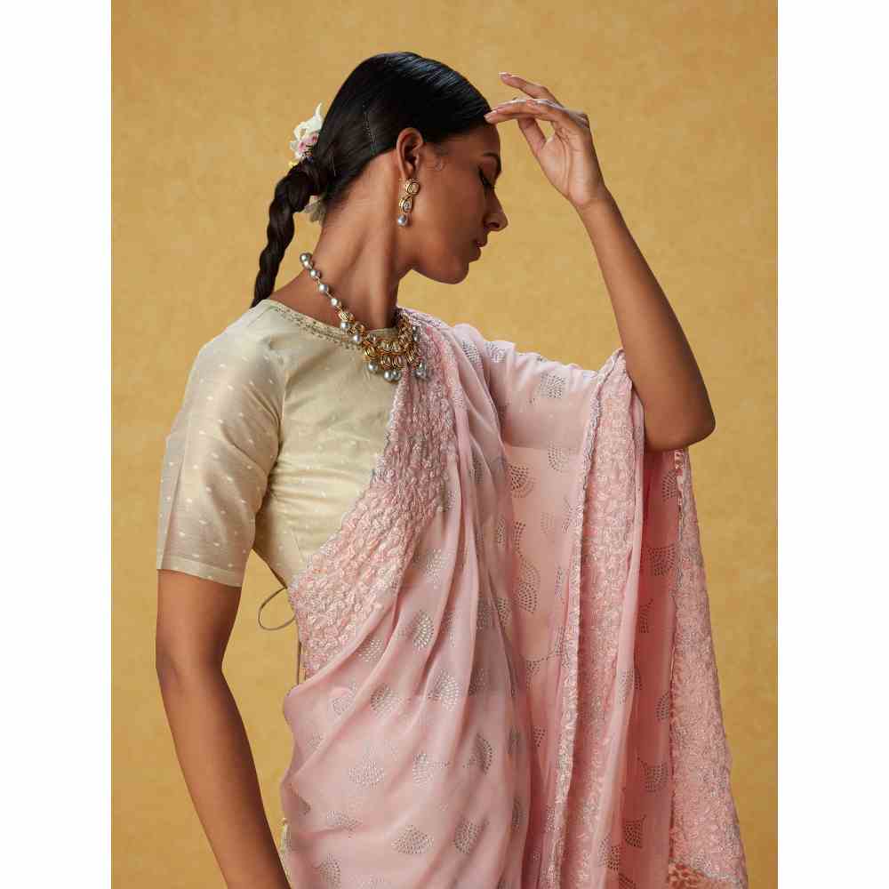 Likha Pink Georgette Embroidered Saree with Scalloping and Unstitched Blouse