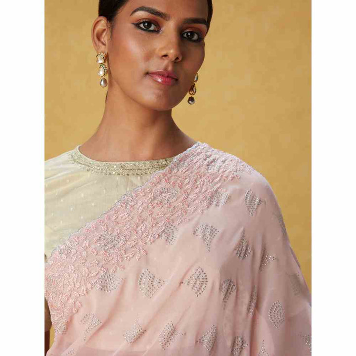 Likha Pink Georgette Embroidered Saree with Scalloping and Unstitched Blouse