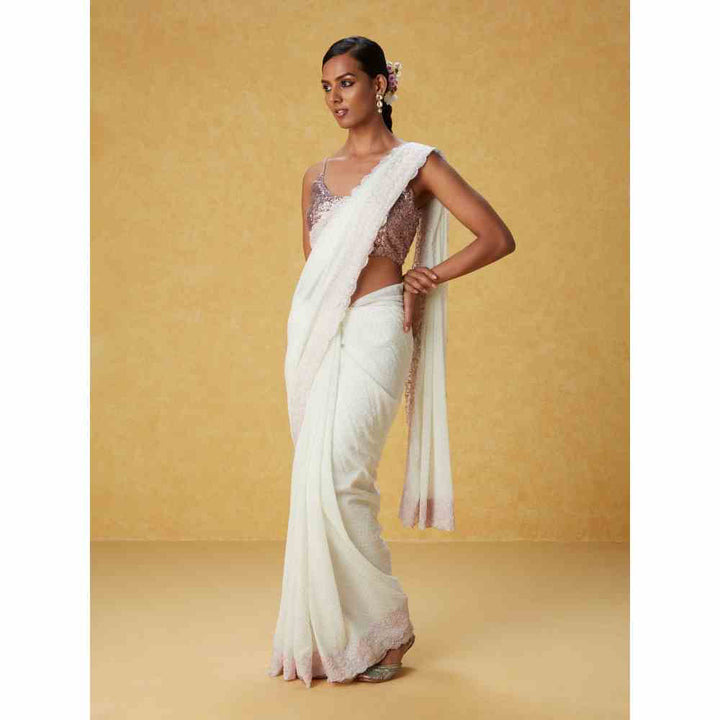 Likha Off-White Georgette Embroidered Saree with Scalloping and Unstitched Blouse