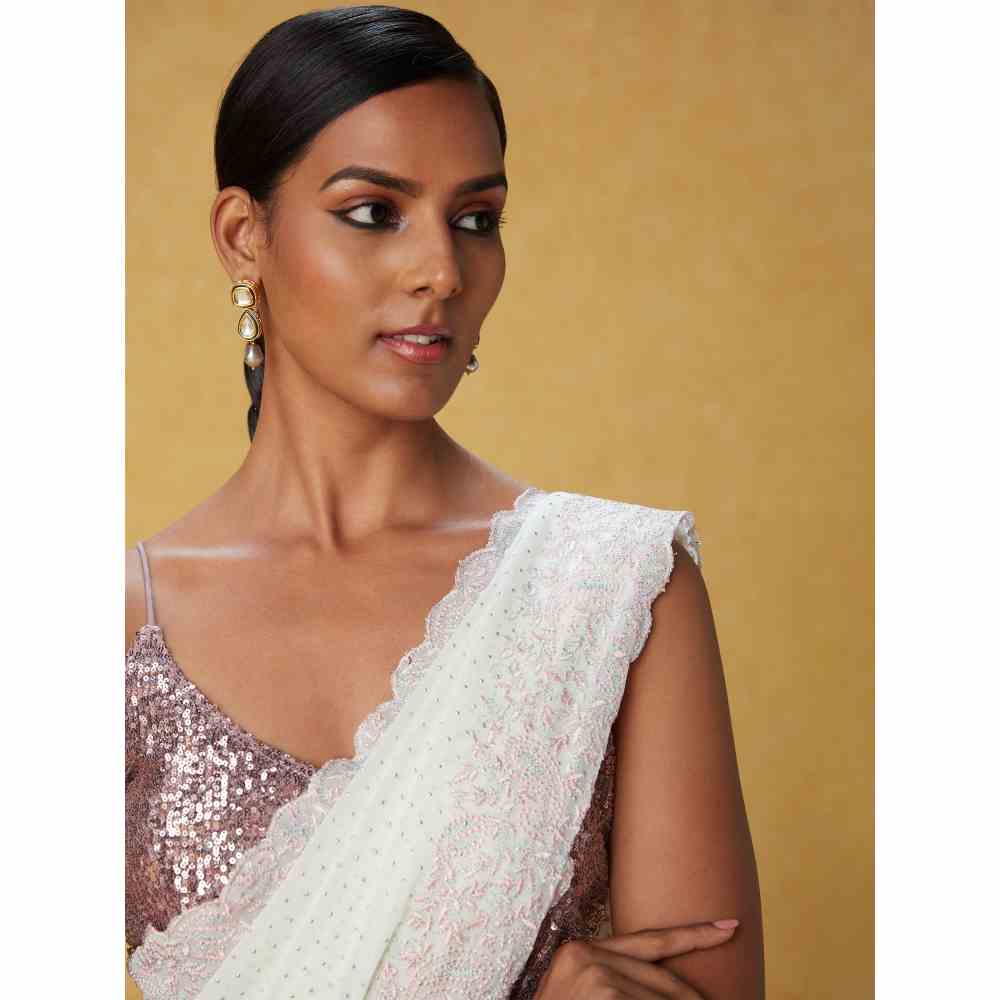 Likha Off-White Georgette Embroidered Saree with Scalloping and Unstitched Blouse