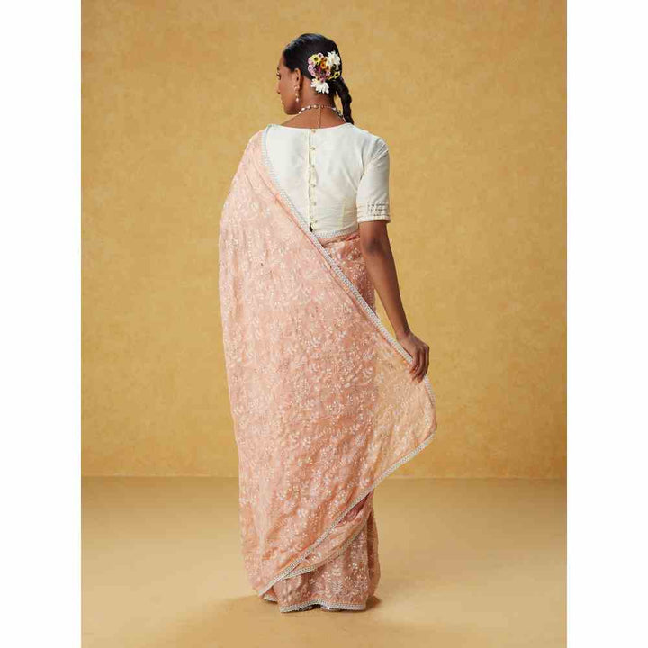 Likha Peach Chiffon Embroidered Saree with Lace and Unstitched Blouse