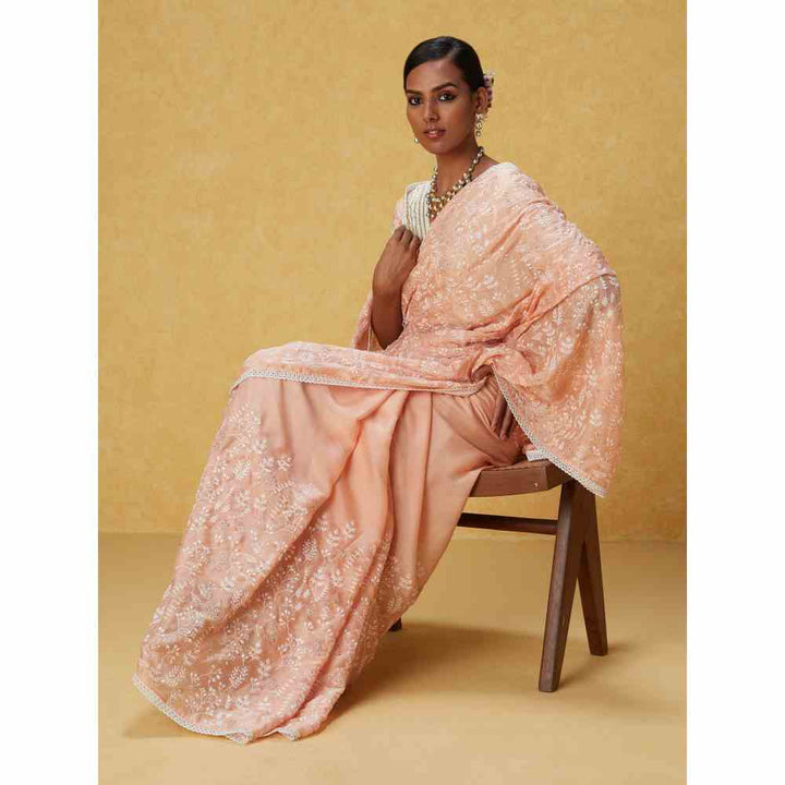 Likha Peach Chiffon Embroidered Saree with Lace and Unstitched Blouse