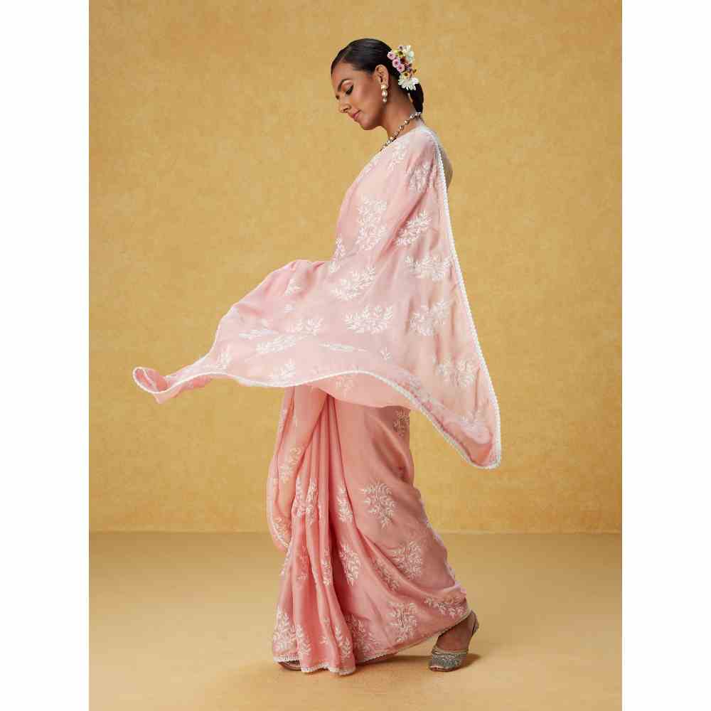 Likha Pink Chiffon Embroidered Saree with Lace and Unstitched Blouse