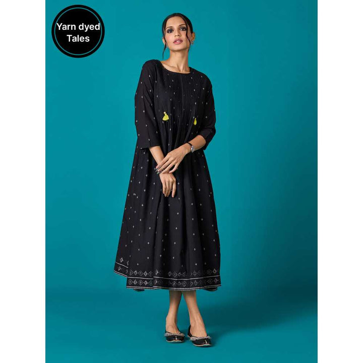 Likha Black Kora Cotton Yarn Dyed Midi Dress