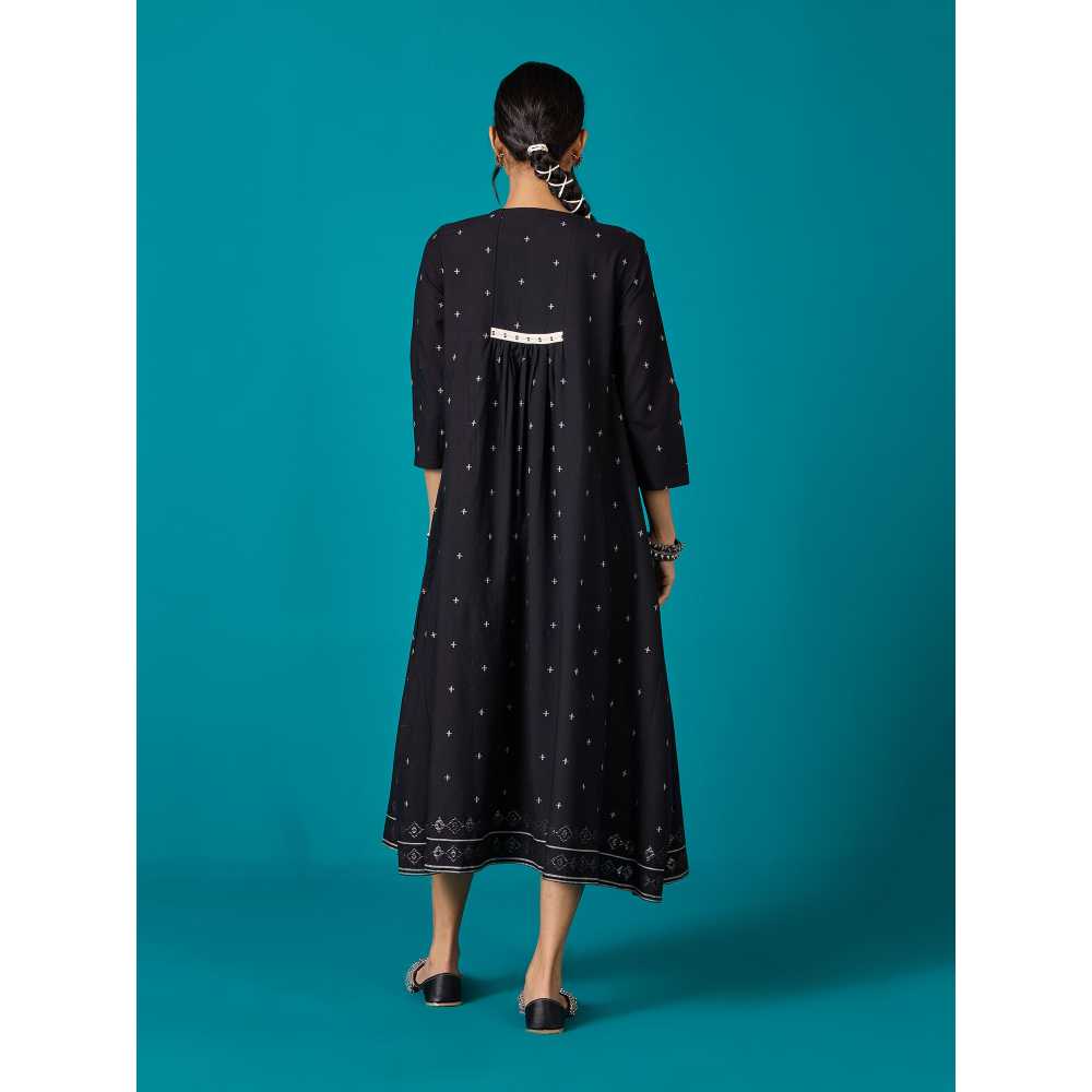 Likha Black Kora Cotton Yarn Dyed Midi Dress