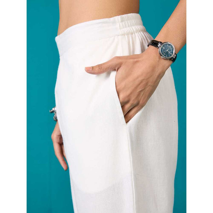 Likha White Kora Cotton Flex Embroidered Straight Pant