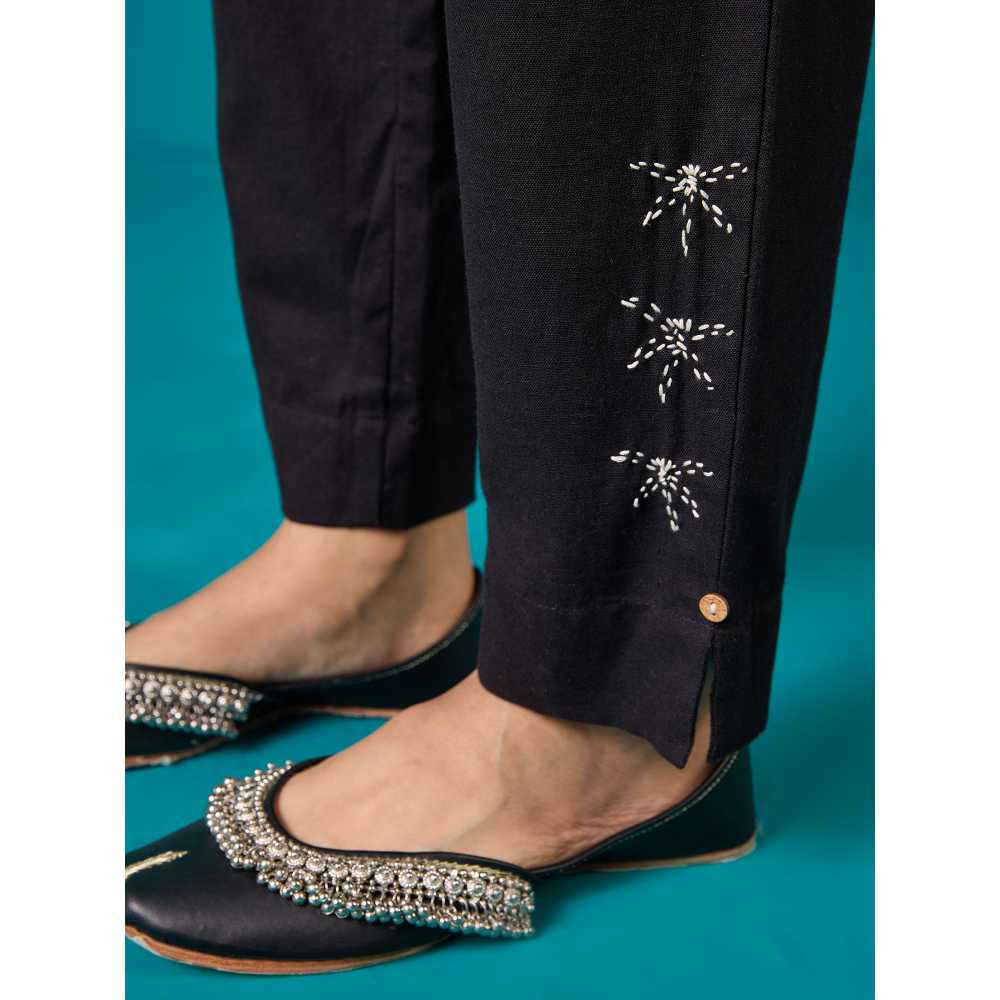 Likha Black Kora Cotton Flex Embroidered Straight Pant
