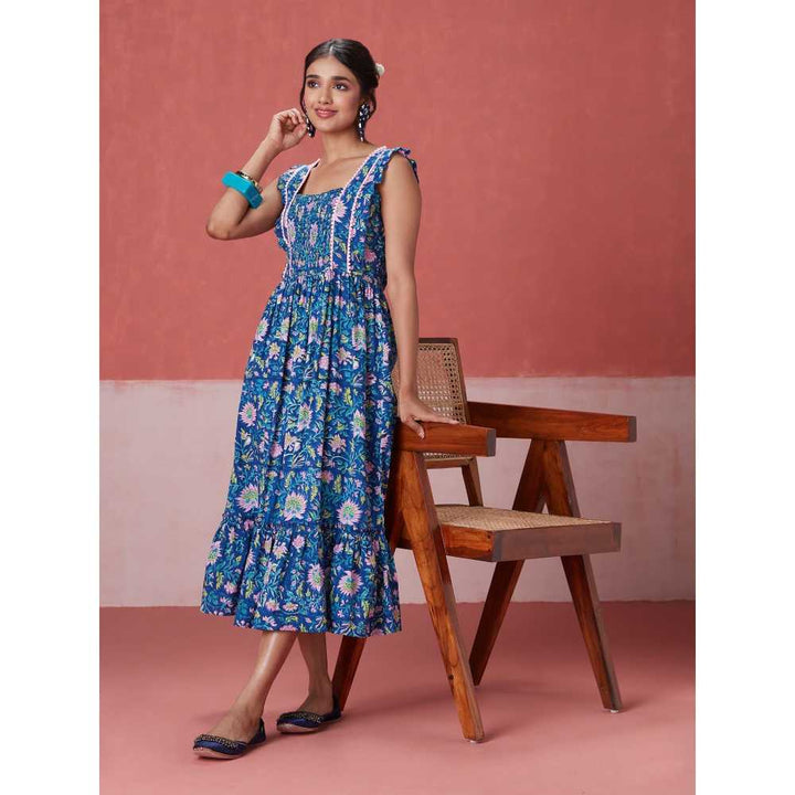 Likha Blue Blossom Hand Block Printed Tiered Midi Dress