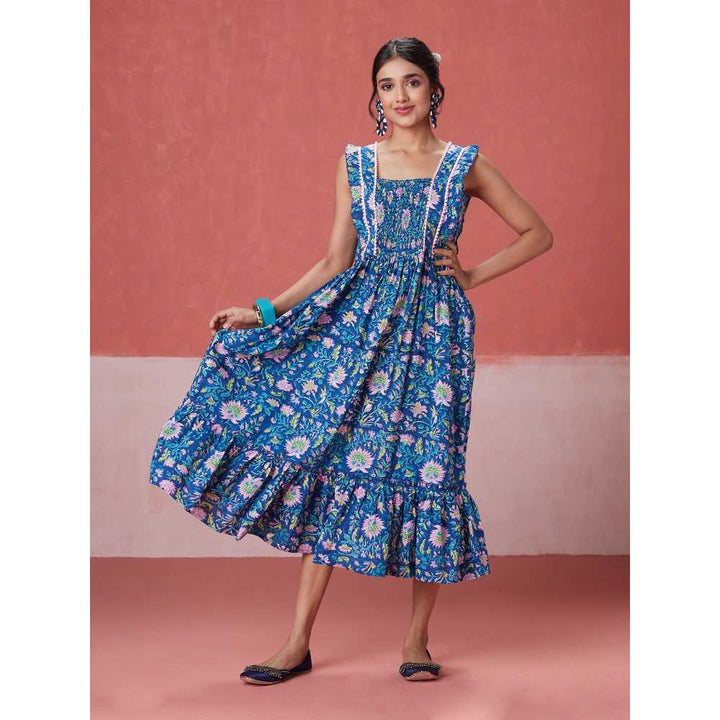 Likha Blue Blossom Hand Block Printed Tiered Midi Dress