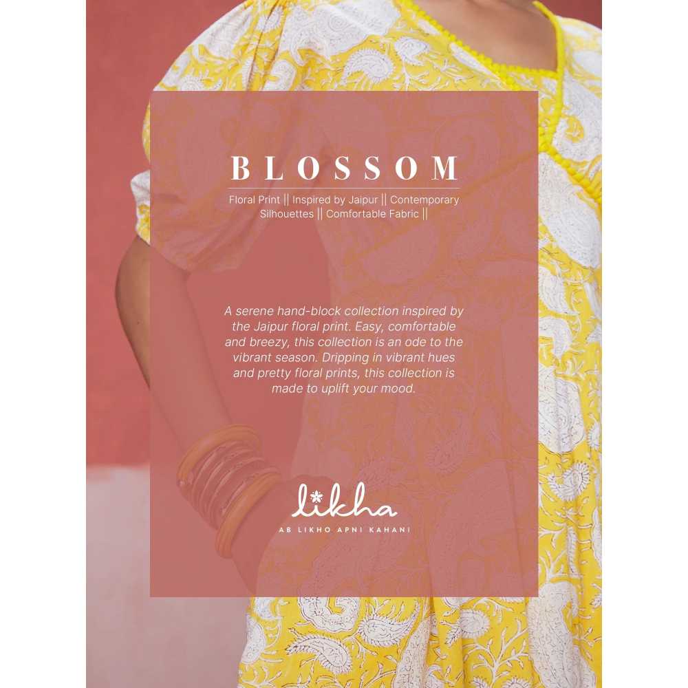 Likha Yellow Blossom Hand Block Printed Tiered Midi Dress