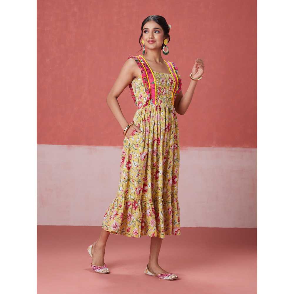 Likha Yellow Blossom Hand Block Printed Tiered Midi Dress