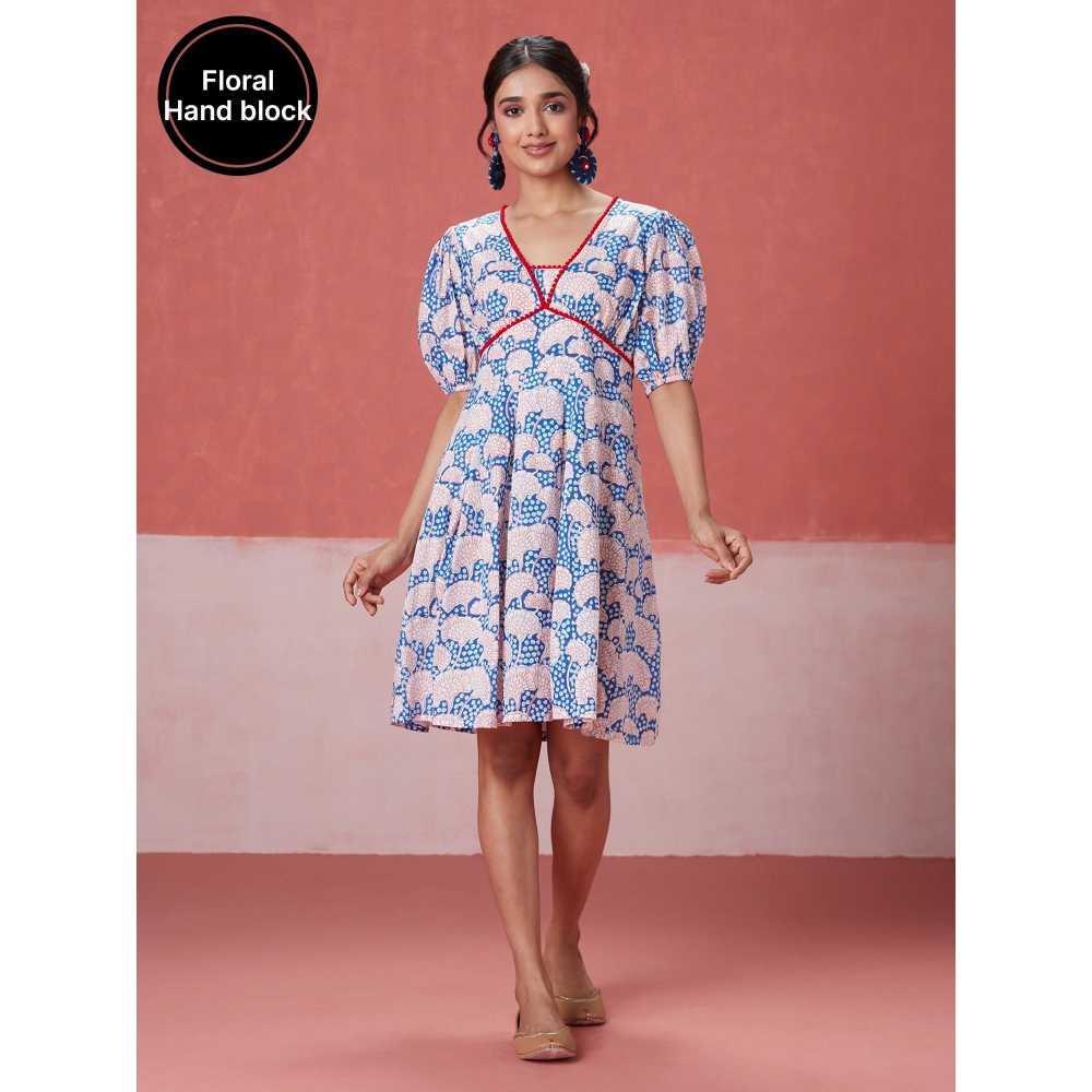 Likha Blue Blossom Hand Block Printed Corset Dress