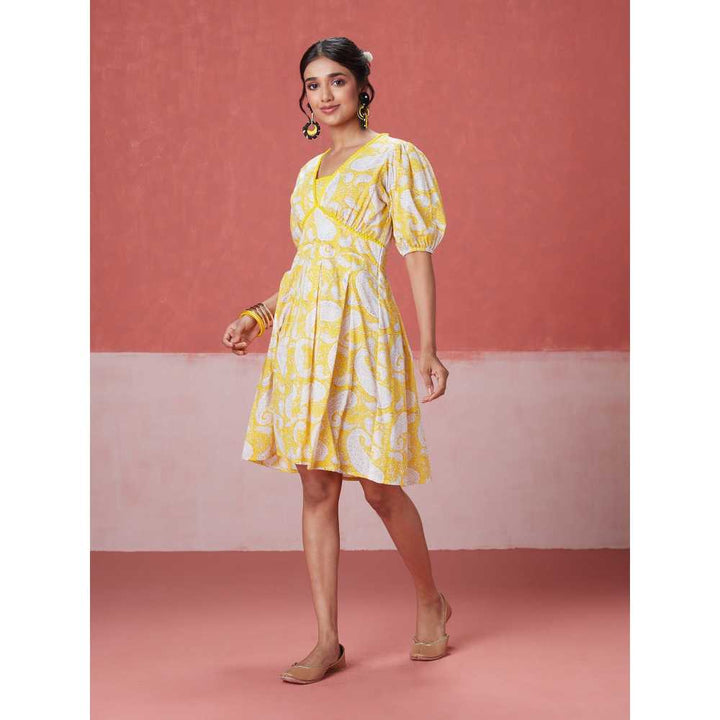 Likha Yellow Blossom Hand Block Printed Corset Dress