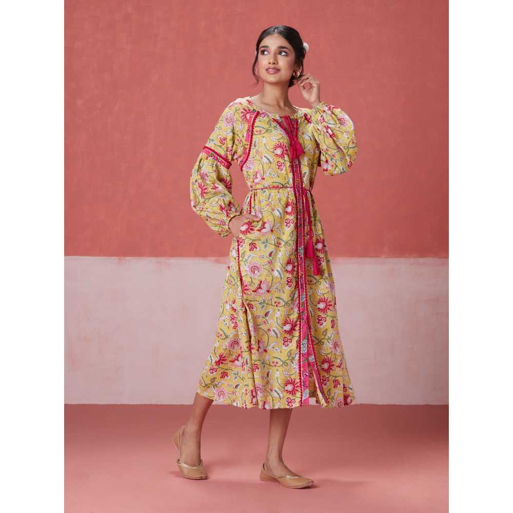 Likha Yellow Blossom Hand Block Printed Midi Dress (Set of 2)
