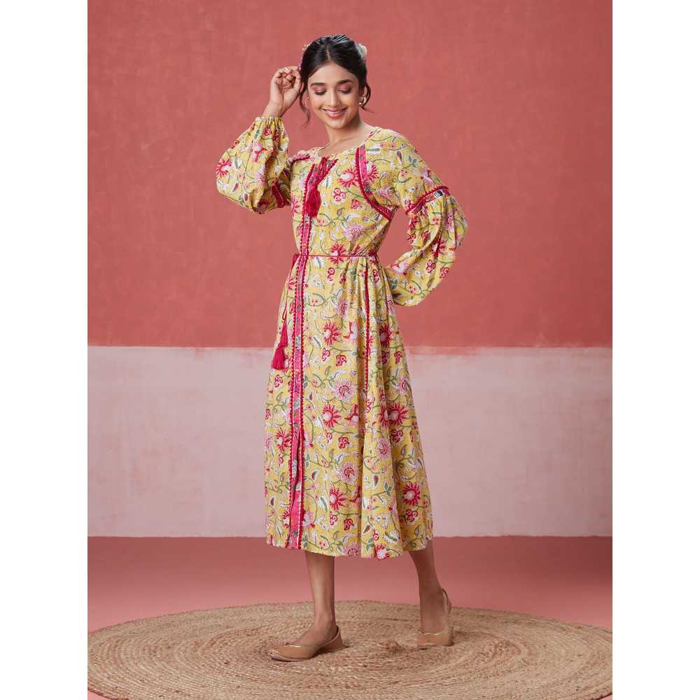 Likha Yellow Blossom Hand Block Printed Midi Dress (Set of 2)