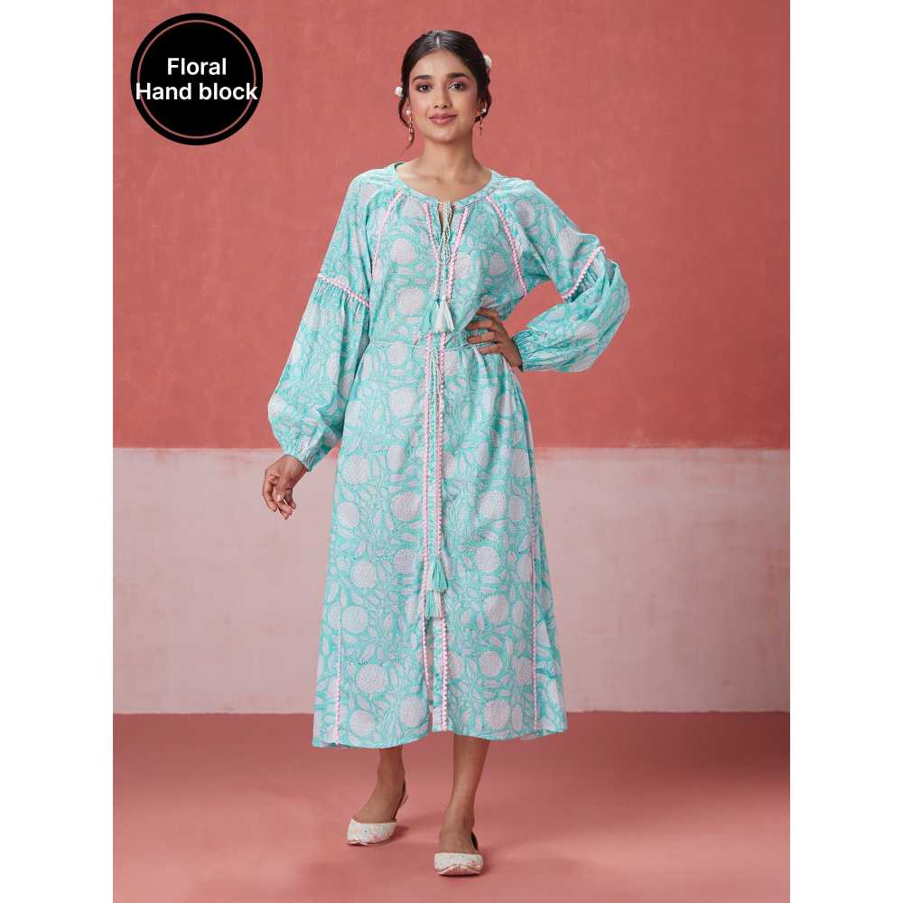 Likha Blue Blossom Hand Block Printed Midi Dress (Set of 2)