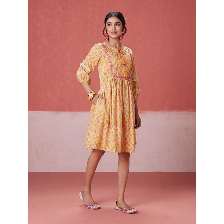 Likha Yellow Blossom Hand Block Printed Dress
