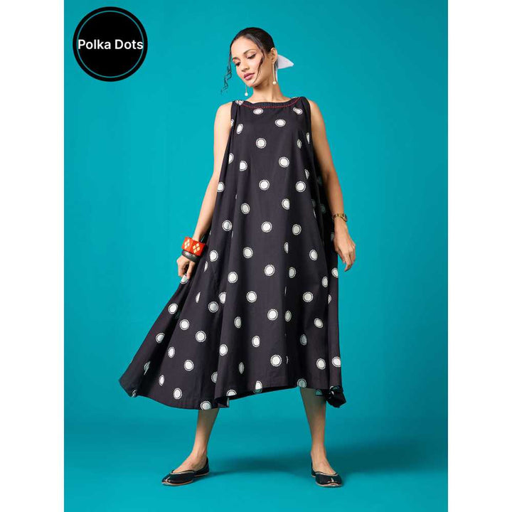 Likha Black Polka Dot Printed Cotton Flex Flared Dress