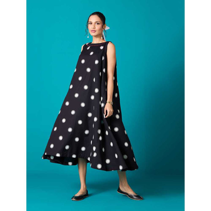Likha Black Polka Dot Printed Cotton Flex Flared Dress