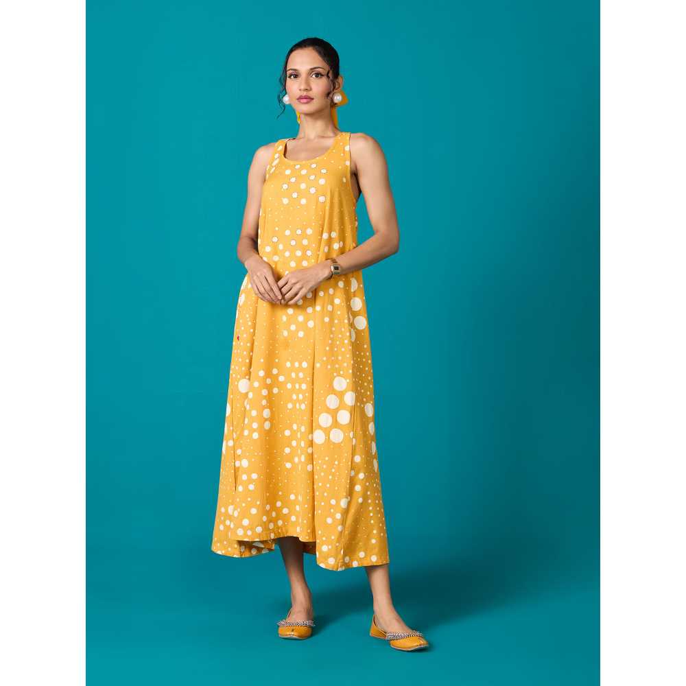 Likha Yellow Polka Dot Printed Cotton Flex Flared Dress