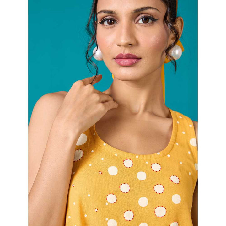 Likha Yellow Polka Dot Printed Cotton Flex Flared Dress