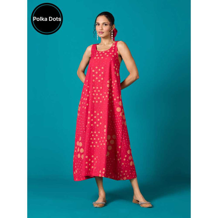 Likha Fuschia Pink Polka Dot Printed Cotton Flex Flared Dress