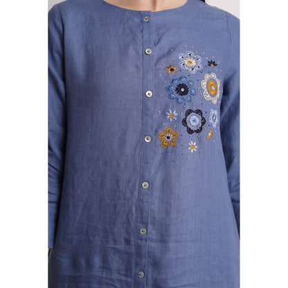 Linen Bloom Blue Floral Embroidered Kurta
