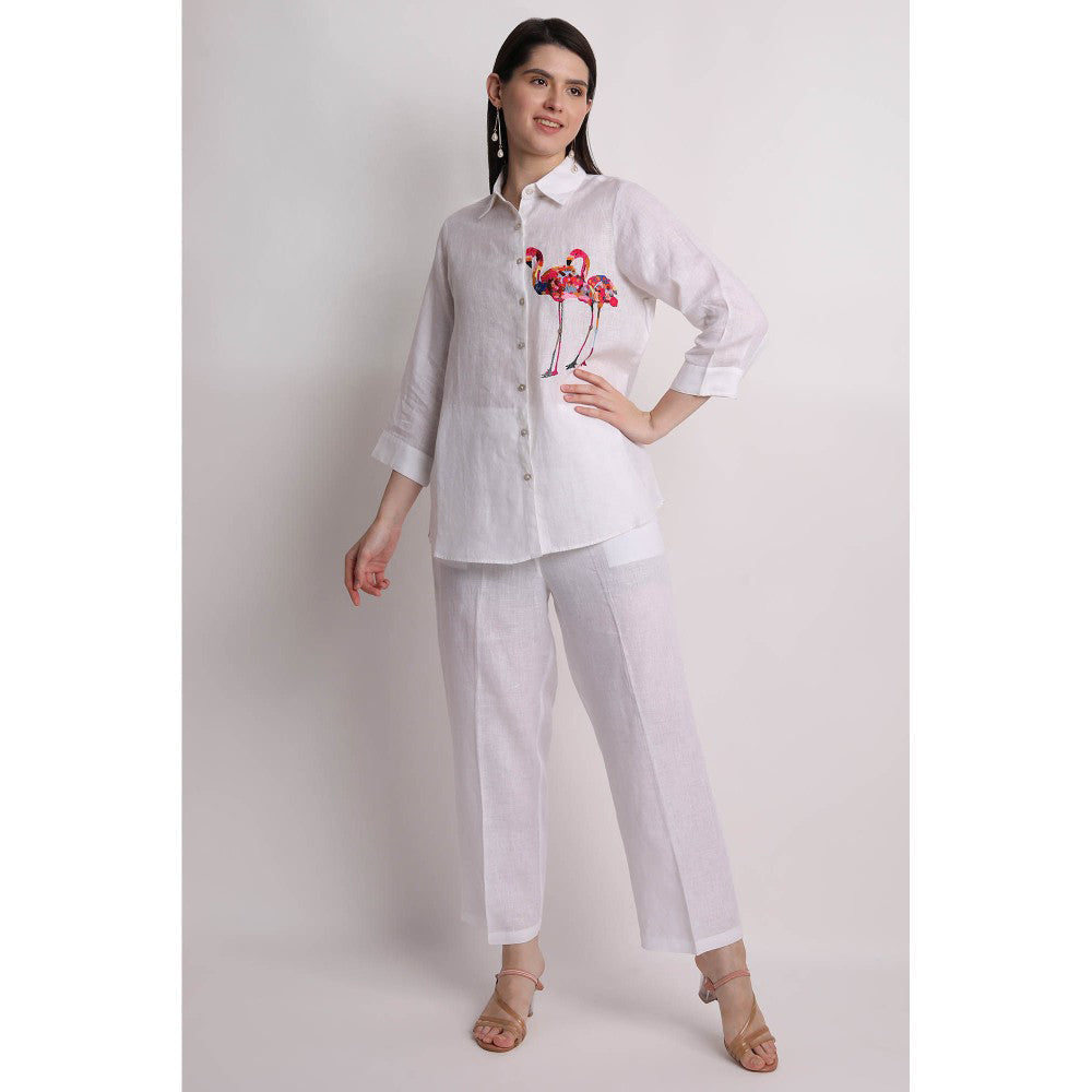 Linen Bloom White Flamingo Embroidered Shirt