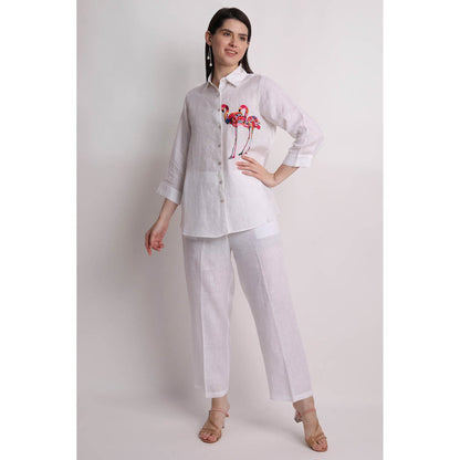 Linen Bloom White Flamingo Embroidered Shirt