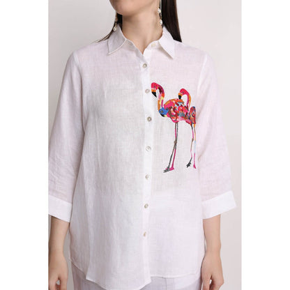 Linen Bloom White Flamingo Embroidered Shirt