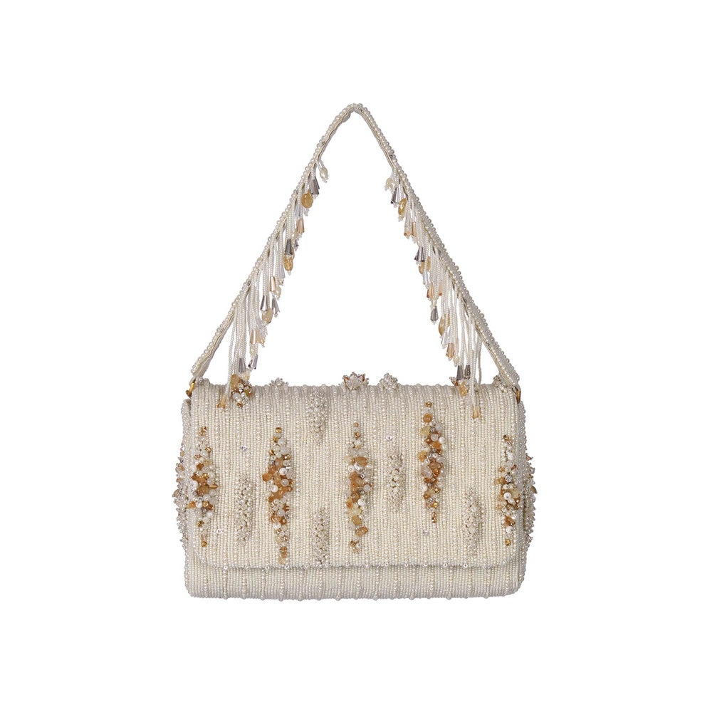 Lovetobag Nora Flapover Clutch Pristine Ivory Peerless Gold Lustrous Silver with Handle